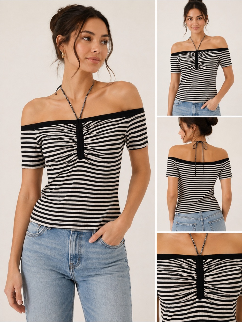 Off-Shoulder Striped Top - Black/White